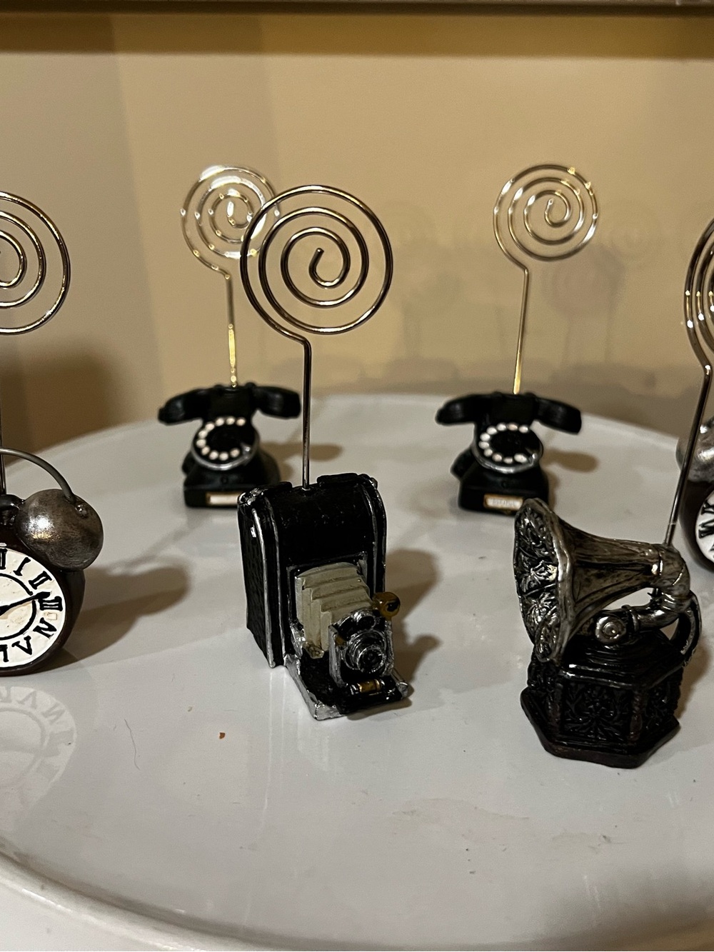 Set 6 Mini Silver Spiral Photo Card Holders Telephone Clock phonograph